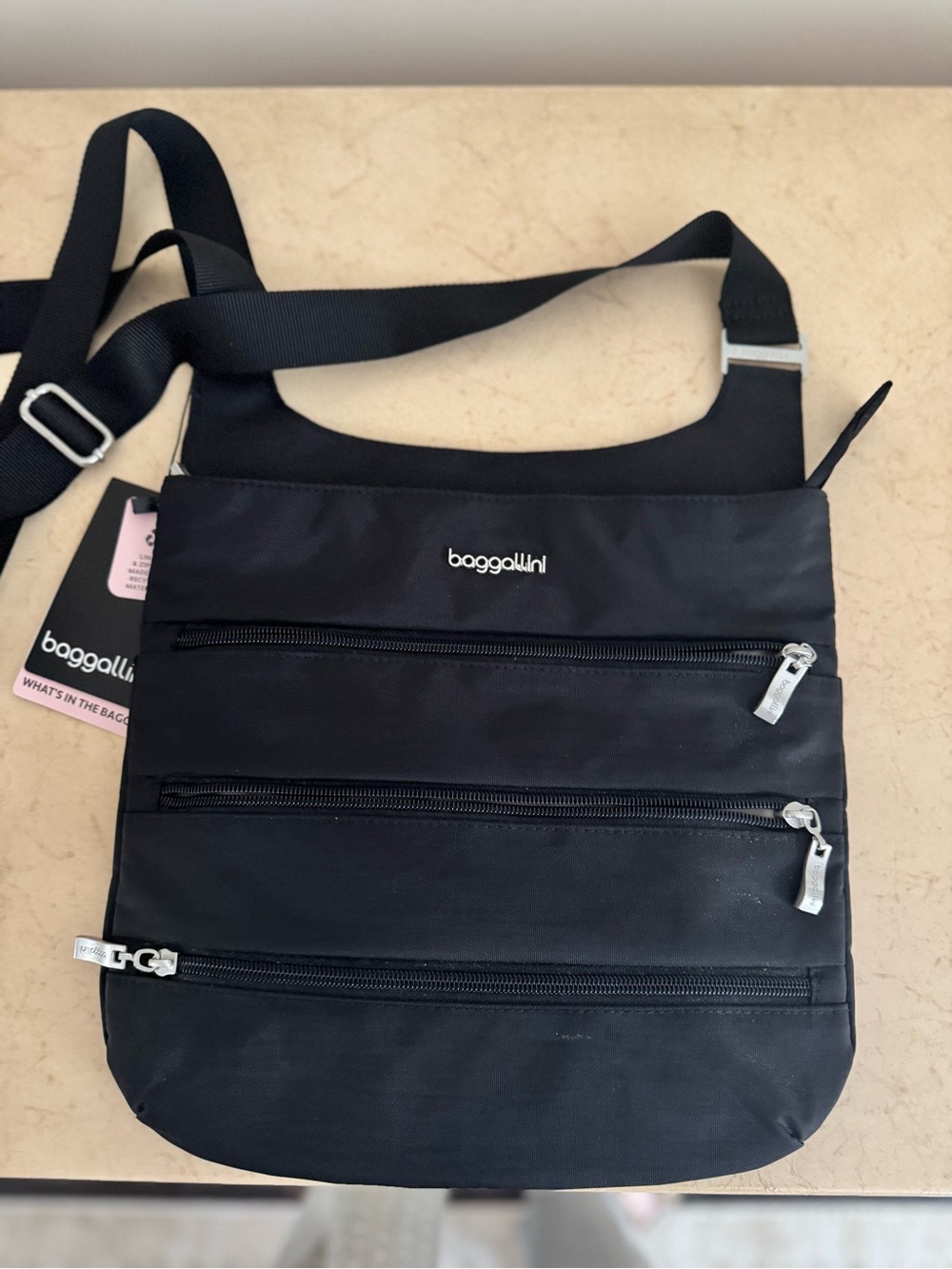 NWT Baggallini Black Nylon Triple-Zip Crossbody Bag